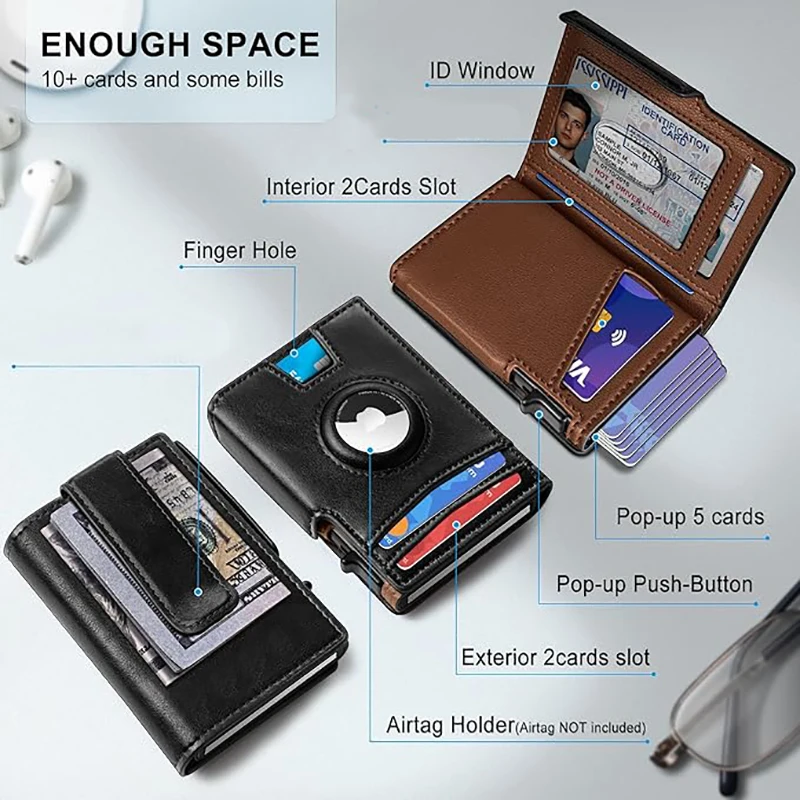 YATBEST Men's Genuine Pickup Bag RFID Anti Theft Brush Magnetic Tape Airtag Positioning Slot Automatic Pop up Metal Wallet