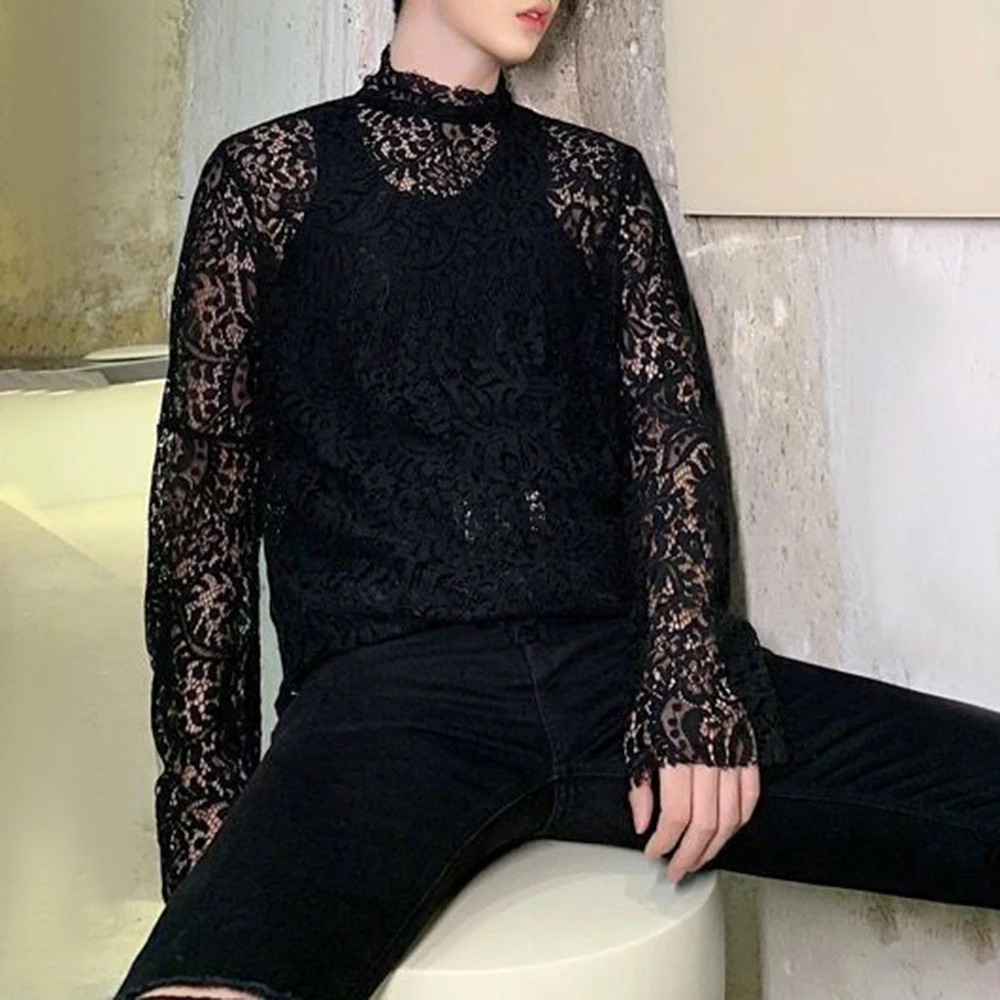 

Mens Sexy Lace See-Through Long-Sleeve Top 2024 New Fashion Nightclub Youth Personality Versatile Thin High-Neck T-Shirt For Men