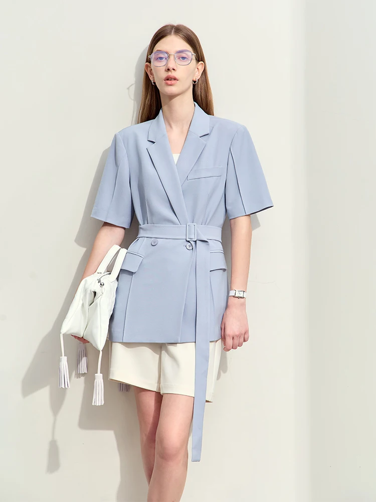 Amii Minimalism 2024 Summer New Notched With Belt Short-sleeve Blazer For Women Trendy Blouses Formal Professional Wear 12442050