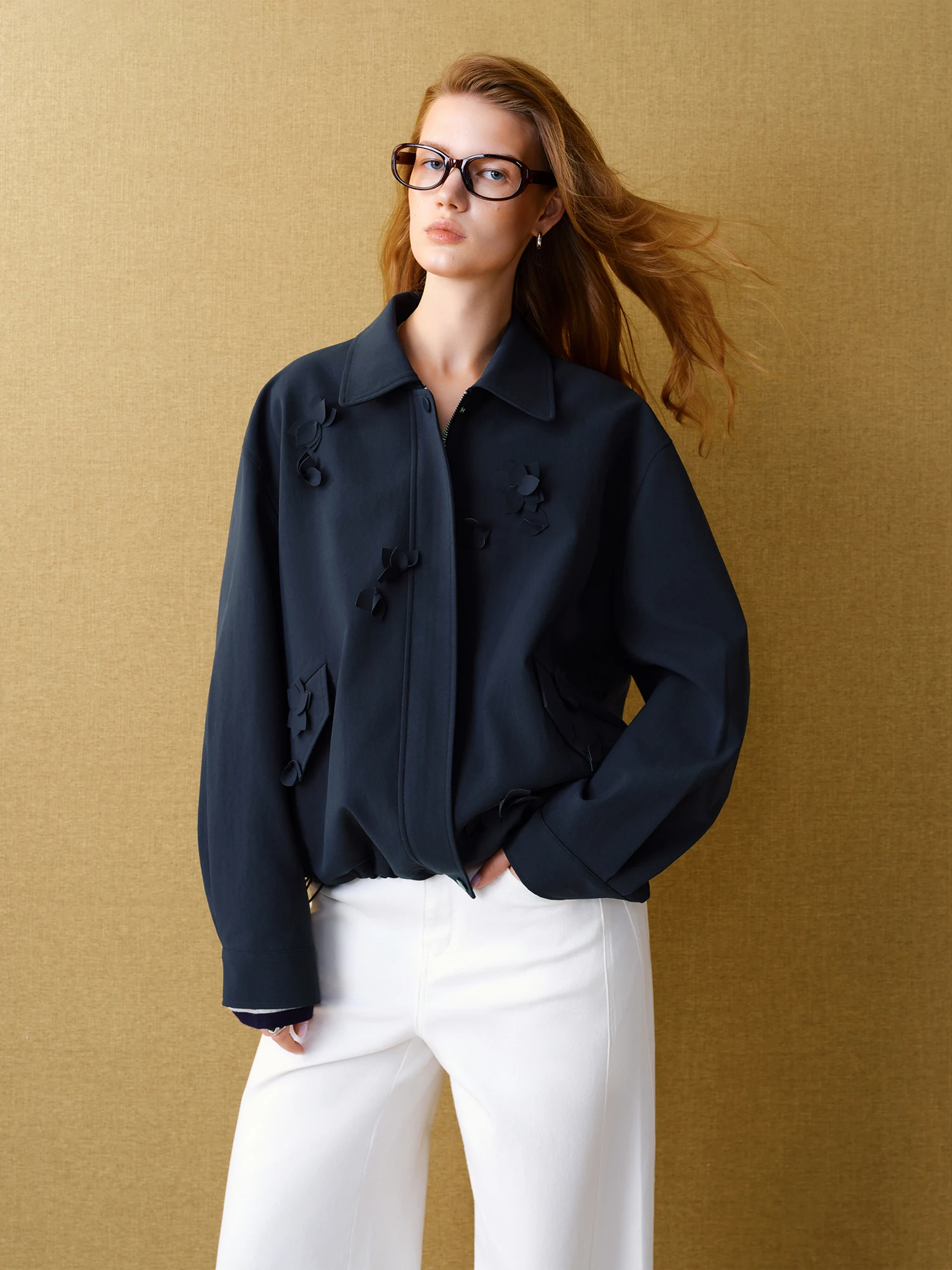 FSLE【Premium Series】Women's Cropped Textured Tweed Jacket 3D Embellished Short Coat Navy Blue Power Chic Modern Heritage Style