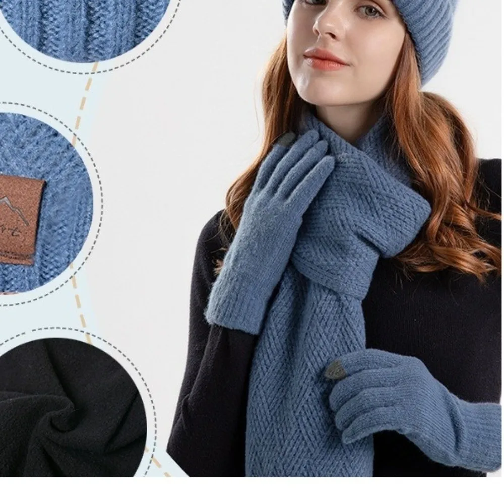 3Pcs/Set Warm Winter Hat Scarf Gloves Set Lining Windproof Scarf Neck Warmer Suit Elastic Thicken Touchscreen Gloves