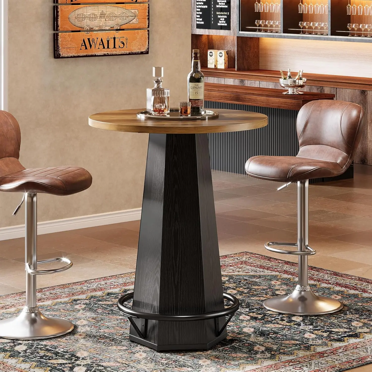 

Round Bar Pub Table, 39.4" H Bistro Cocktail Table with Metal Footrest for Drinking & Gathering, Industrial Home Bar High Top