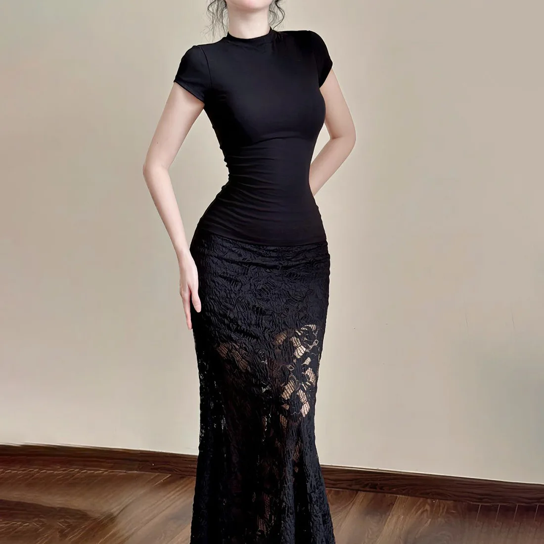 กระโปรงครึ่งตัวแฟชั่นลำลองสำหรับผู้หญิง สีพื้นเรียบง่าย แต่งลูกไม้ ทันสมัย ใส่ได้หลายโอกาส ช่วยให้ดูผอมเพรียว