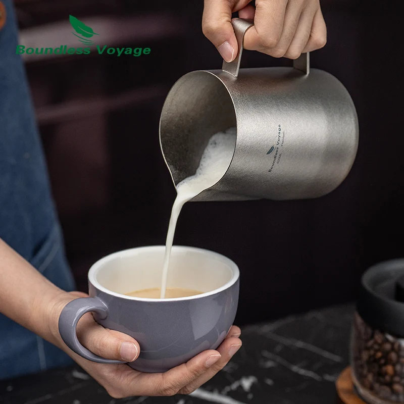 

Boundless Voyage 600ml Barista Milk Jug Lightweight Titanium Latte Art Cup with Round Spout Coffee Frothing Jug Steaming Pitcher