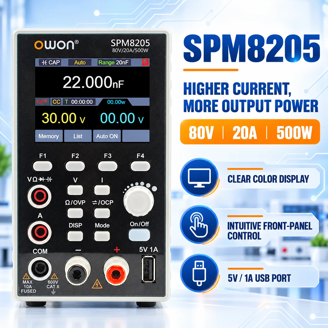 OWON SPM8104 SPM8205 programmeerbare DC-voeding met multimeter, 80V, 10A/20A, 400W/500W, instelbare laboratoriumvoeding voor tests en reparaties.