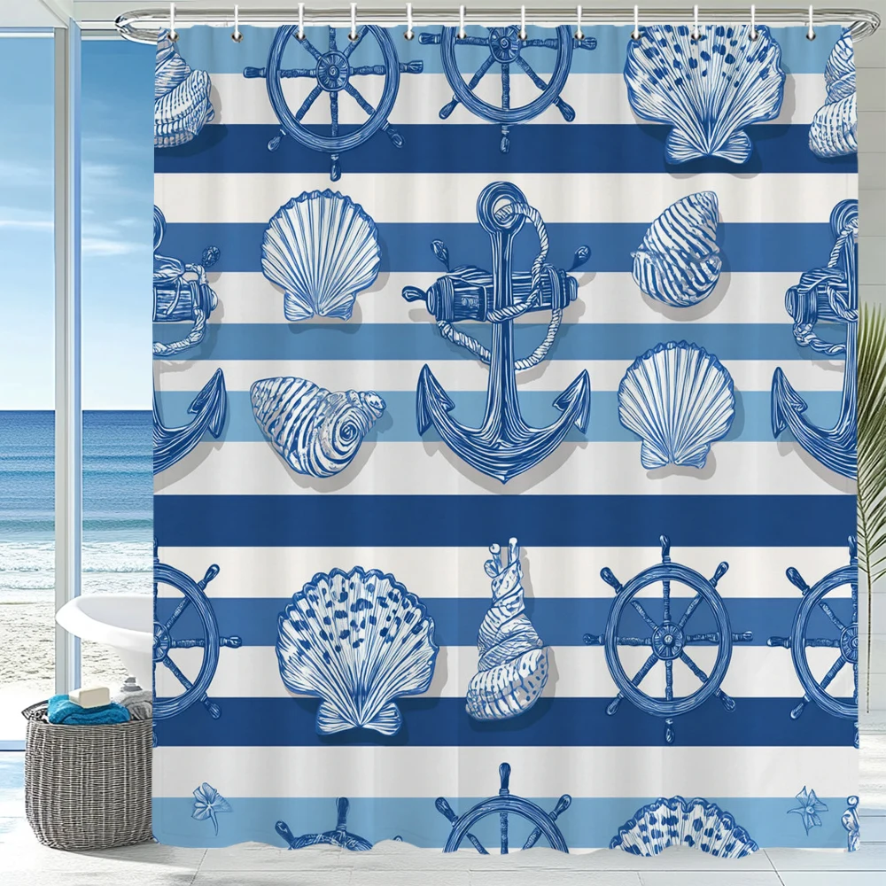 Modern Blue Stripes Sailing style Shower Curtain, Bathroom Decorative Shower Curtain, Printed Fabric Shower Curtain with Hooks