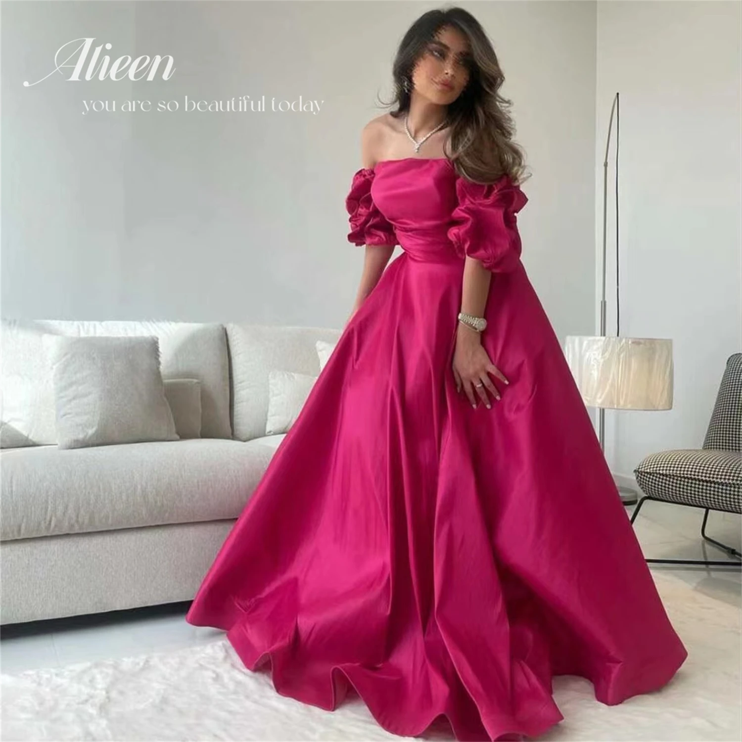 Aileen Off the Shoulders Puff Sleeves Rose Red Satin Women\'s Day Dresses Holiday Dress 2024 Evening Gown Ball Gowns