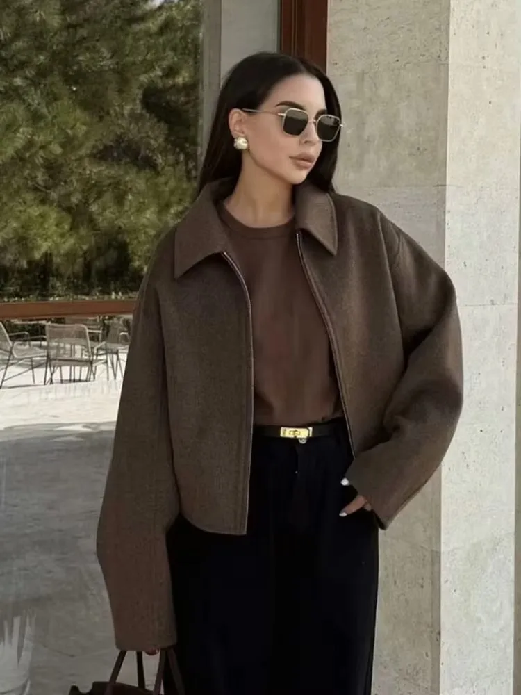 

2025 Fashion Brown Zipper Woolen Jacket For Women Elegant Lapel Long Sleeve Short Coats Vintage Autumn Lady Street Outerwear