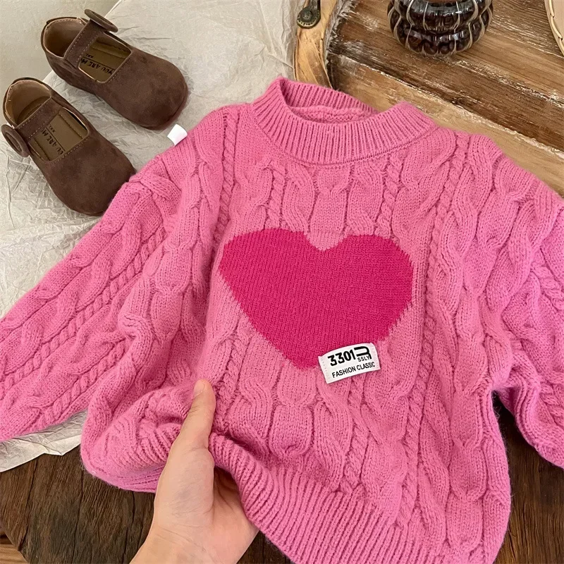 Girls Sweaters 2024 Autumn Winter Pink Love Jacquard Long Sleeve Knitted Kids Girls Pullovers Children Girls Knitwears