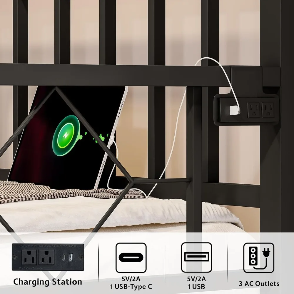 سرير نهاري مزدوج مع قاعدة شحن وأضواء LED، سرير نهاري معدني مزدوج مع دولاب، إطار سرير أريكة متعدد الاستخدامات مع فولاذ