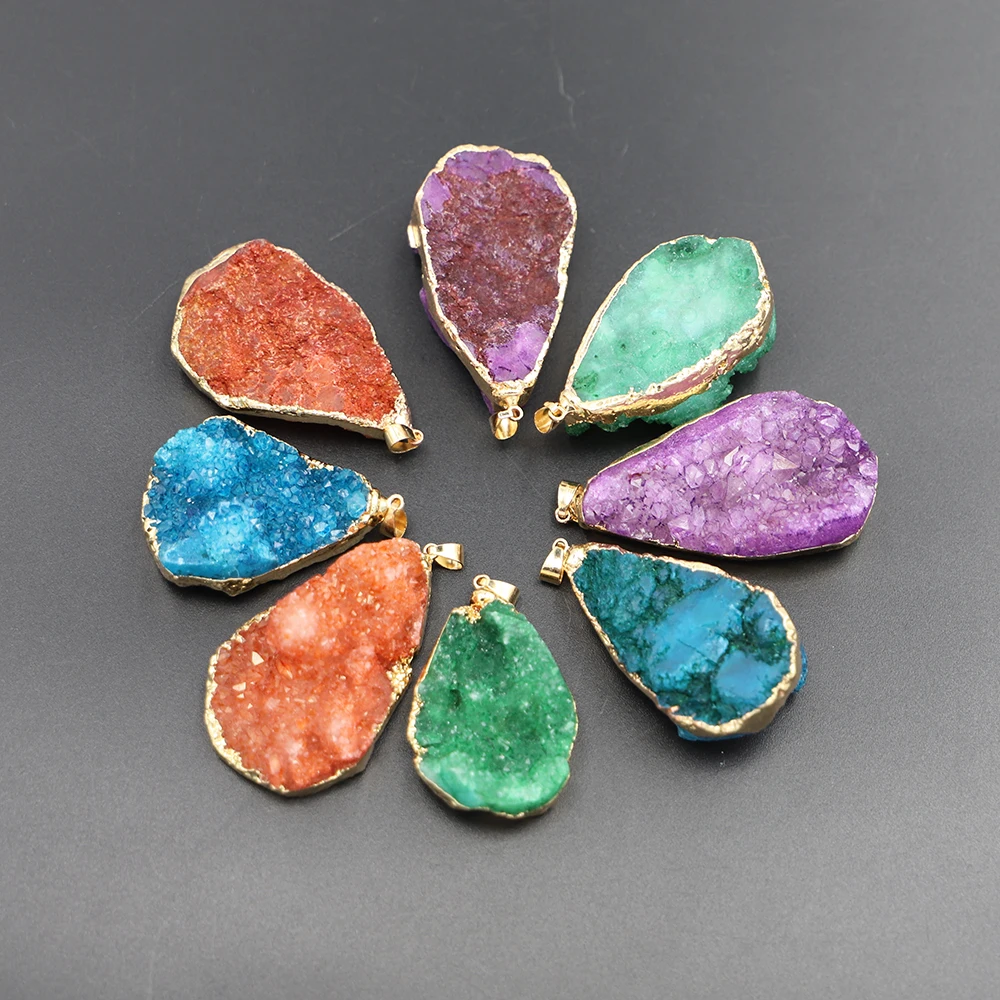 Natural Stone Druzy  Water Droplets Agate Pendants Gold Plated Sliced Charm Jewelry Making DIY Necklace Gift Free Shipping 4Pcs