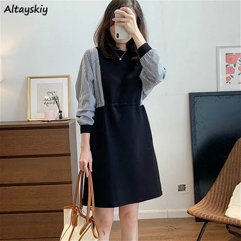 3XL Dress Women Vintage Chic Ulzzang Simple Patchwork Long Sleeve Ladies Fashion Spring Loose Lovely Girls Vestido new Design