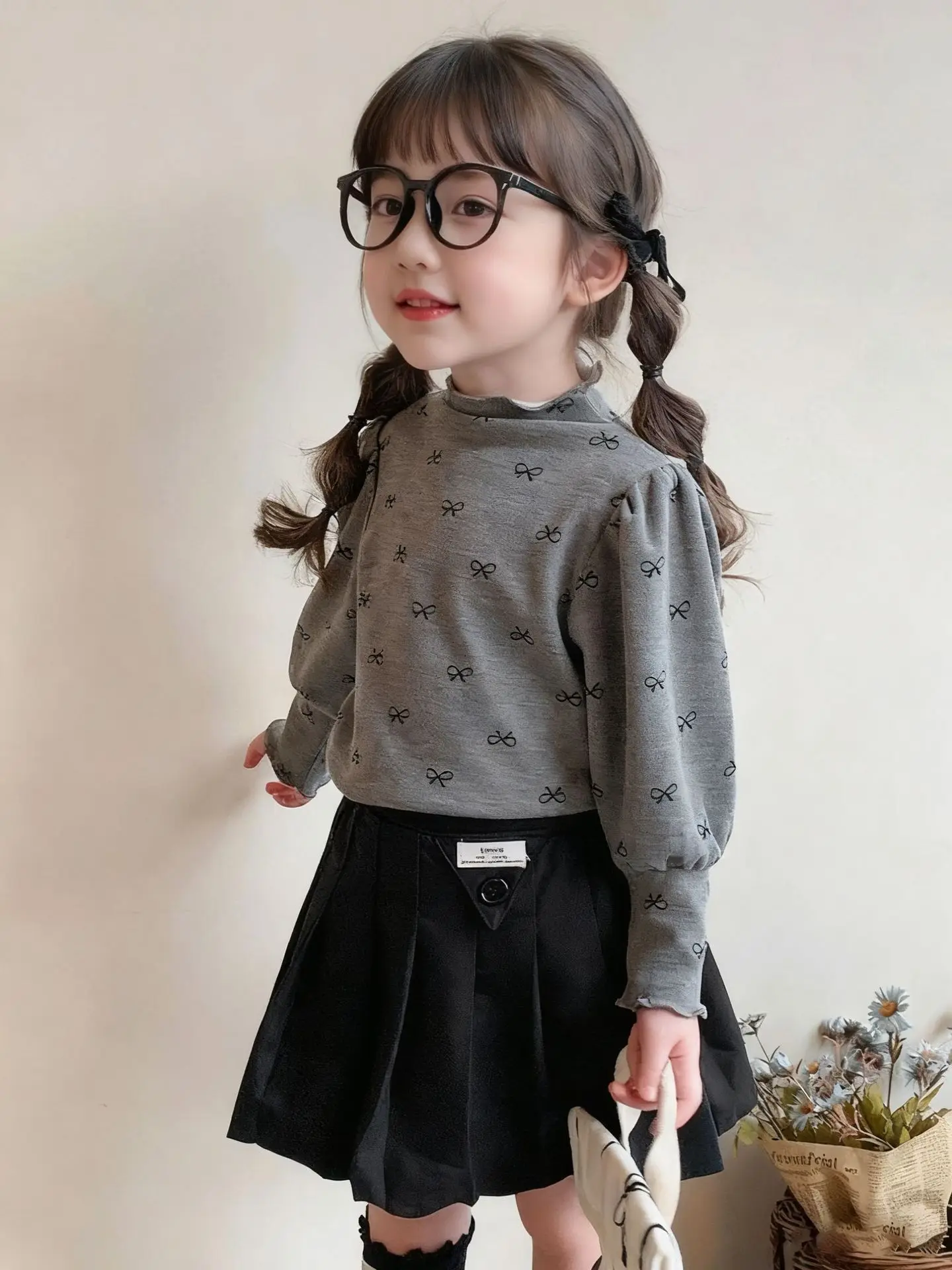 Neues Herbst-Winter-Kindermädchen-Unterhemd mit Schleifenmuster, langärmelig, Rüschen, Stehkragen, weich, warm, lässig, Innenoberteil – Detail 3