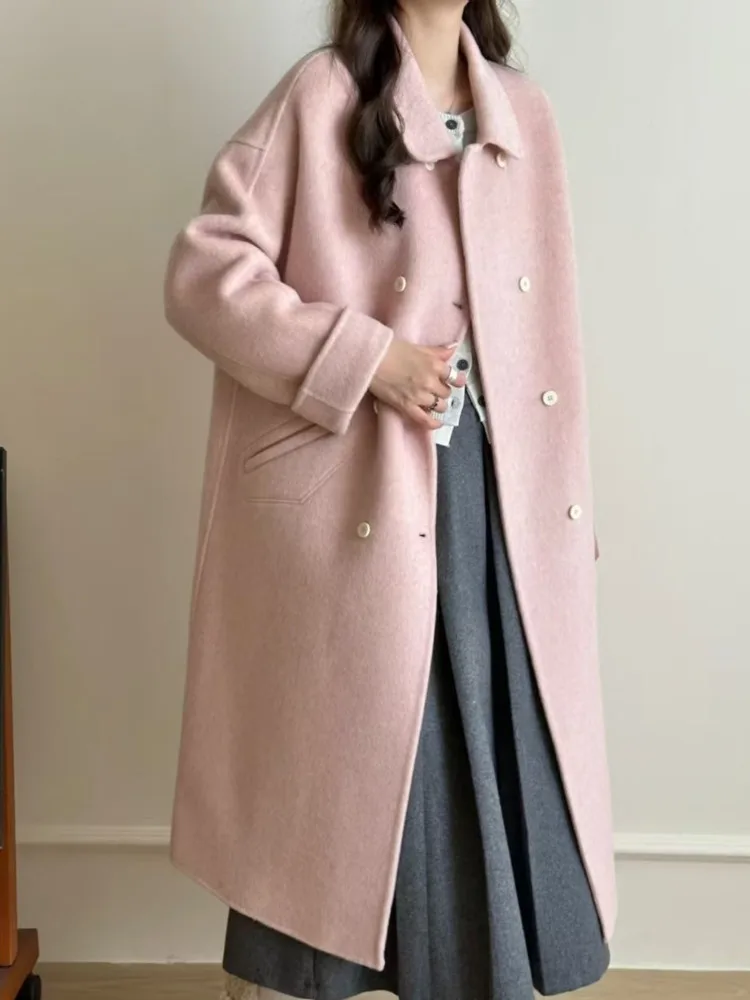 ZMEENNA Damen Zweireihiger Langer Mantel aus Wollmischung, elegante Winterjacke, lässig, einfarbig, übergroße Oberbekleidung ZM3634