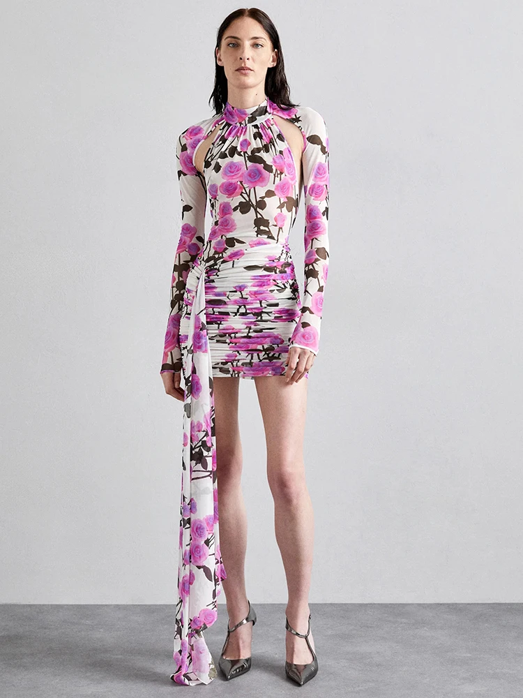 O pescoço sem costas mangas compridas cortar floral impresso vestido curto ruched impresso drapeado fino elegante vestidos de festa à noite