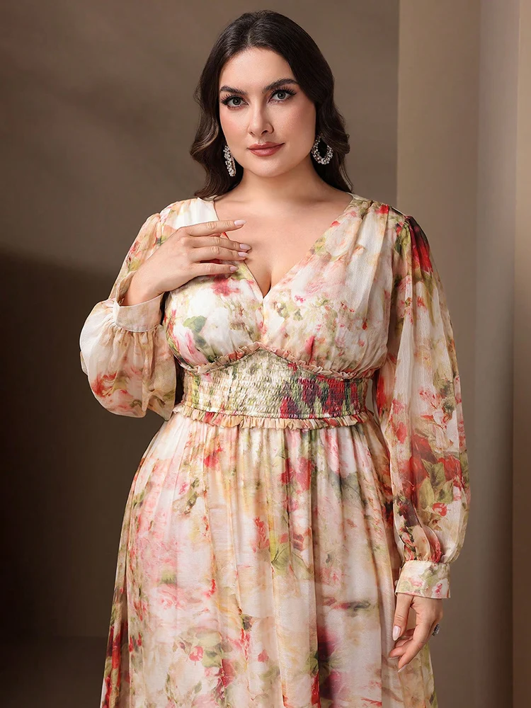 TOLEEN-damska marszczona sukienka maxi z kwiatowym nadrukiem, długi rękaw, plus size, swobodna, formalna impreza, wiosna, lato, nowość, 2024