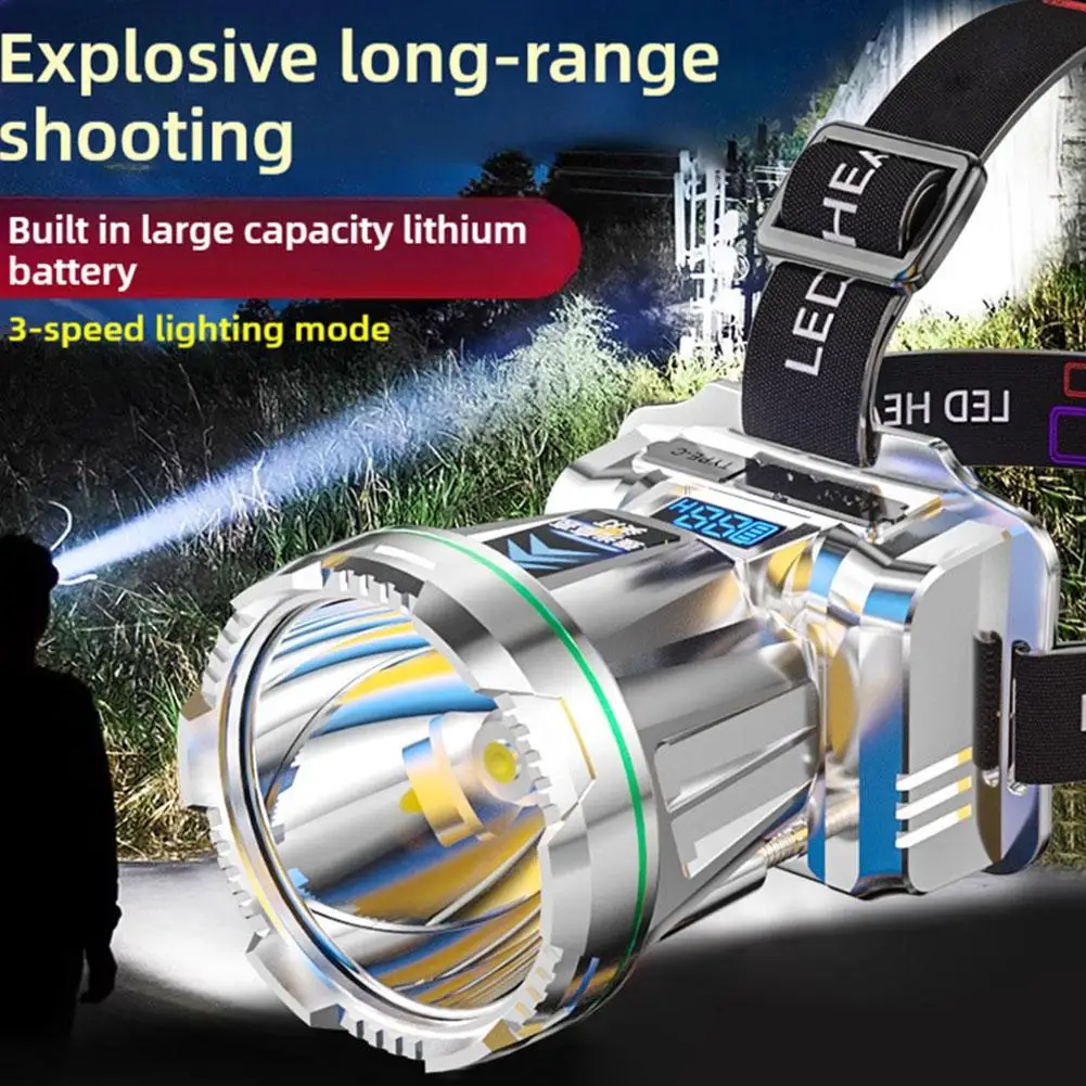 Lampada frontale impermeabile a lungo raggio con luce forte Lampada frontale con rilevamento della testa montata ultra luminosa Pesca notturna minerale Y8U6