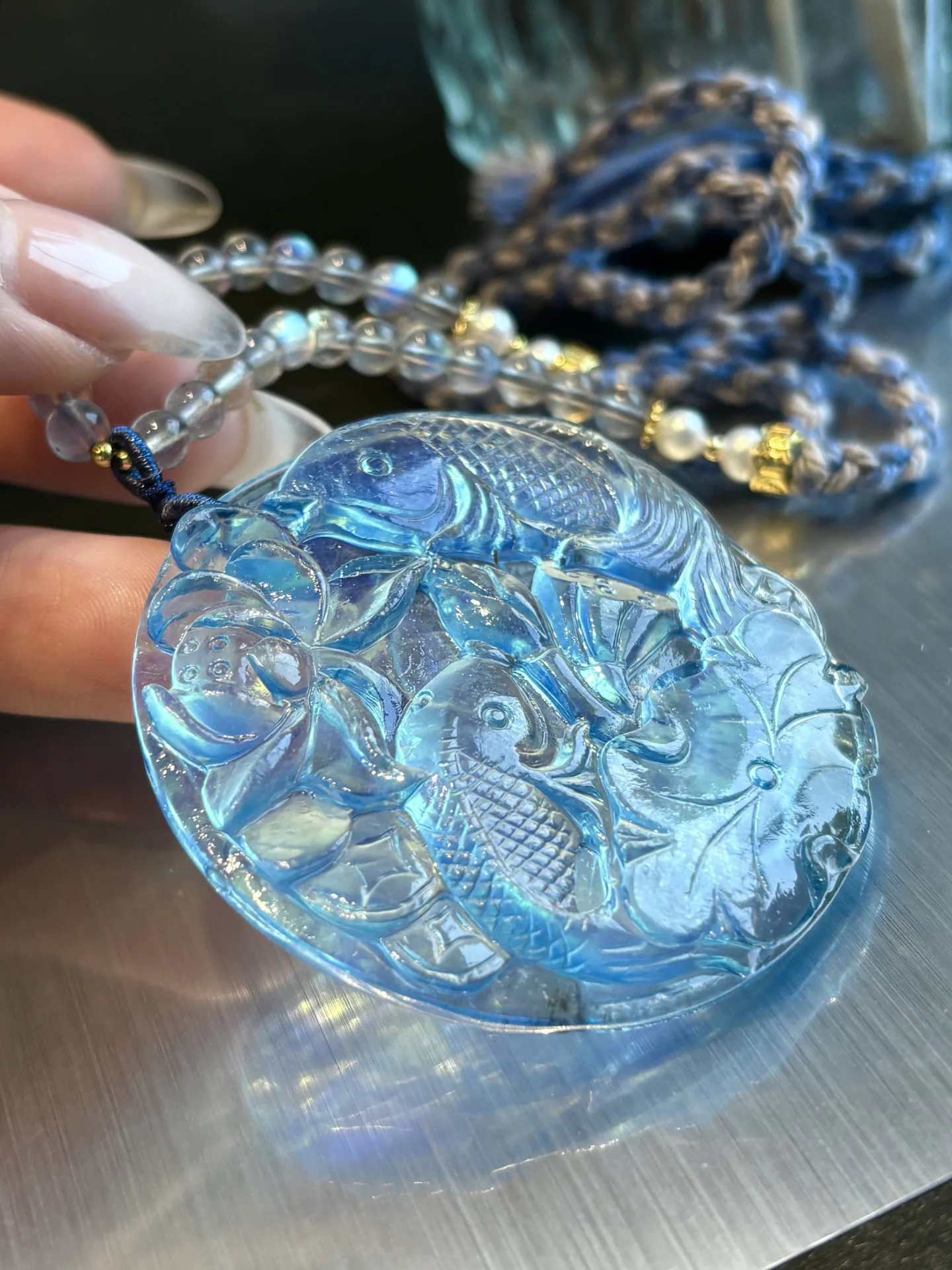 Natural Blue Green Aquamarine Horse Pendant Women Men Big Fish Carved 55x8mm Aquamarine Brazil Fashion Beads Necklace AAAAA