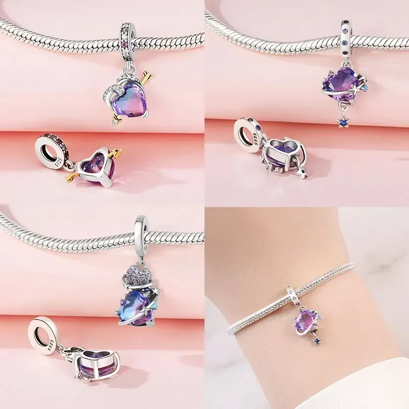 Real S925 Silver Colored Zircon Heart-shaped Pendant Beads Charm Fit Original Charms Bracelet Diy Fine Jewelry for Women Gifts image 2