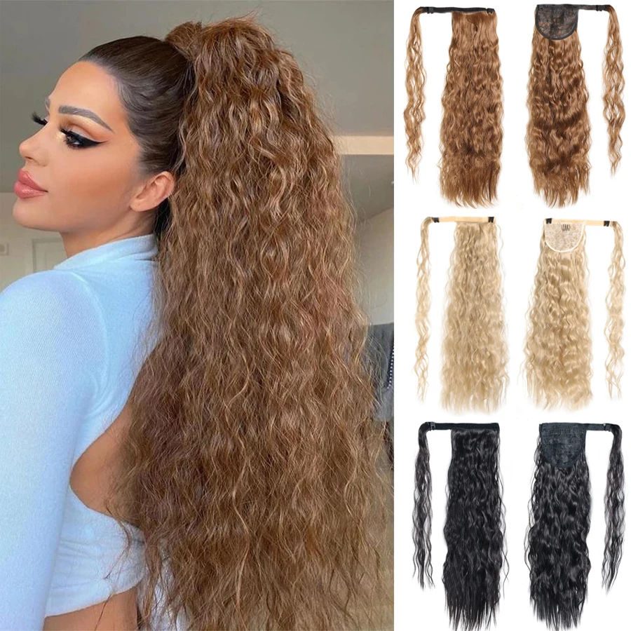 

Synthetic long corn/curly wave ponytail with Wrap Around Ponytail Hairpieces Black Heat Resistant Hair Extensions For Women