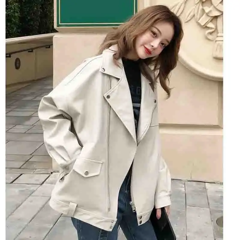 New Female Appear Thin Zipper Suit Collar Leather Jacket Women Korean Loose Fit Versatile Locomotive Suit Leather Jacket Coat