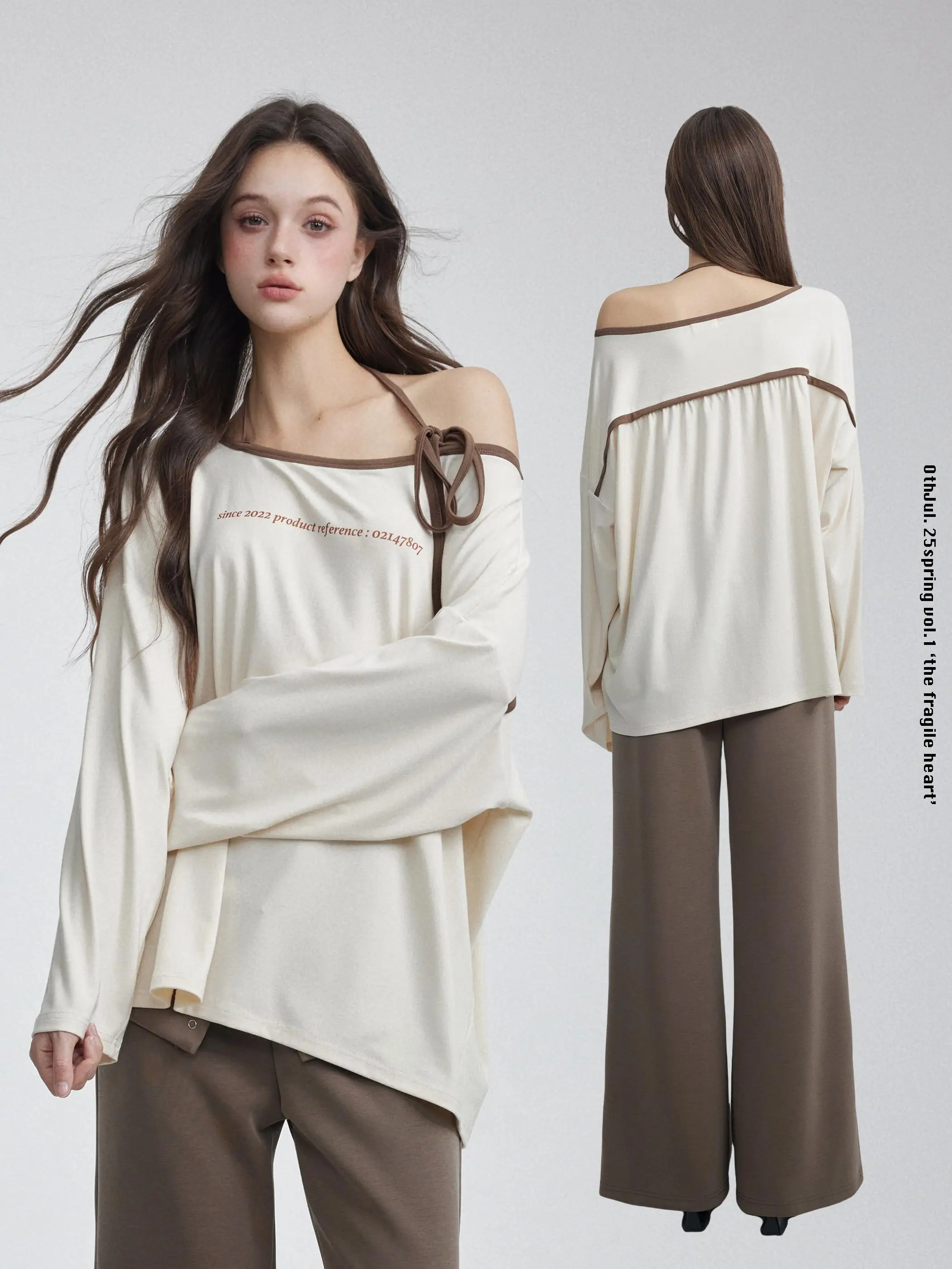 

Loose Long Sve T-irt OthJul Cry Cloud Lazy Slouchy Strap Casual Design Sense Women's Spring Faion round Ne Midi L...