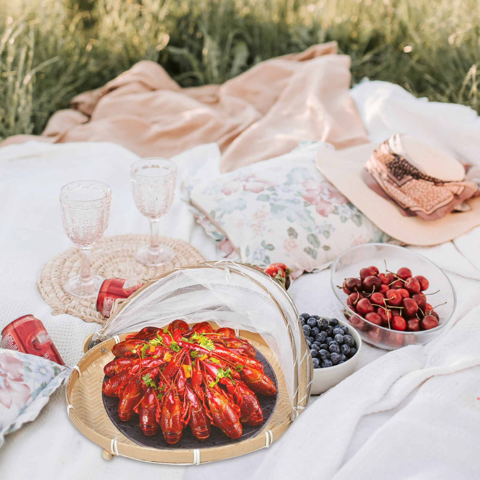 

Bamboo Woven Gauze Food Cover Handle Storage Kitchen Fruit Vegetable Bread Serving Tray Picnic Mesh Cover Farmhouse Bread Woven