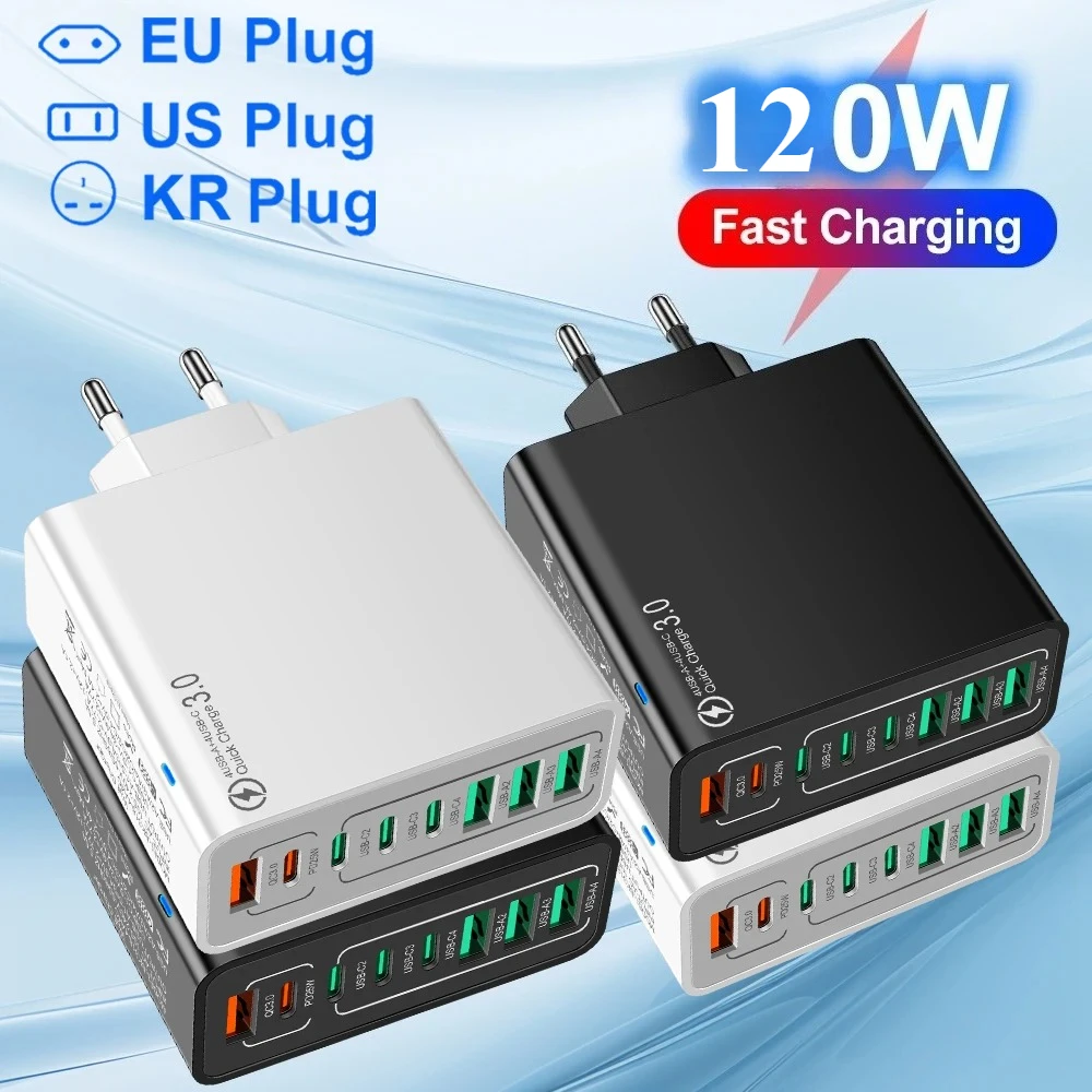 

8Ports USB Total 120W EU/US/KR Fast Charger Plug PD Type C Quick Charge 4.0 Phone Adapter Wall Charger for IPhone Xiaomi Samsung