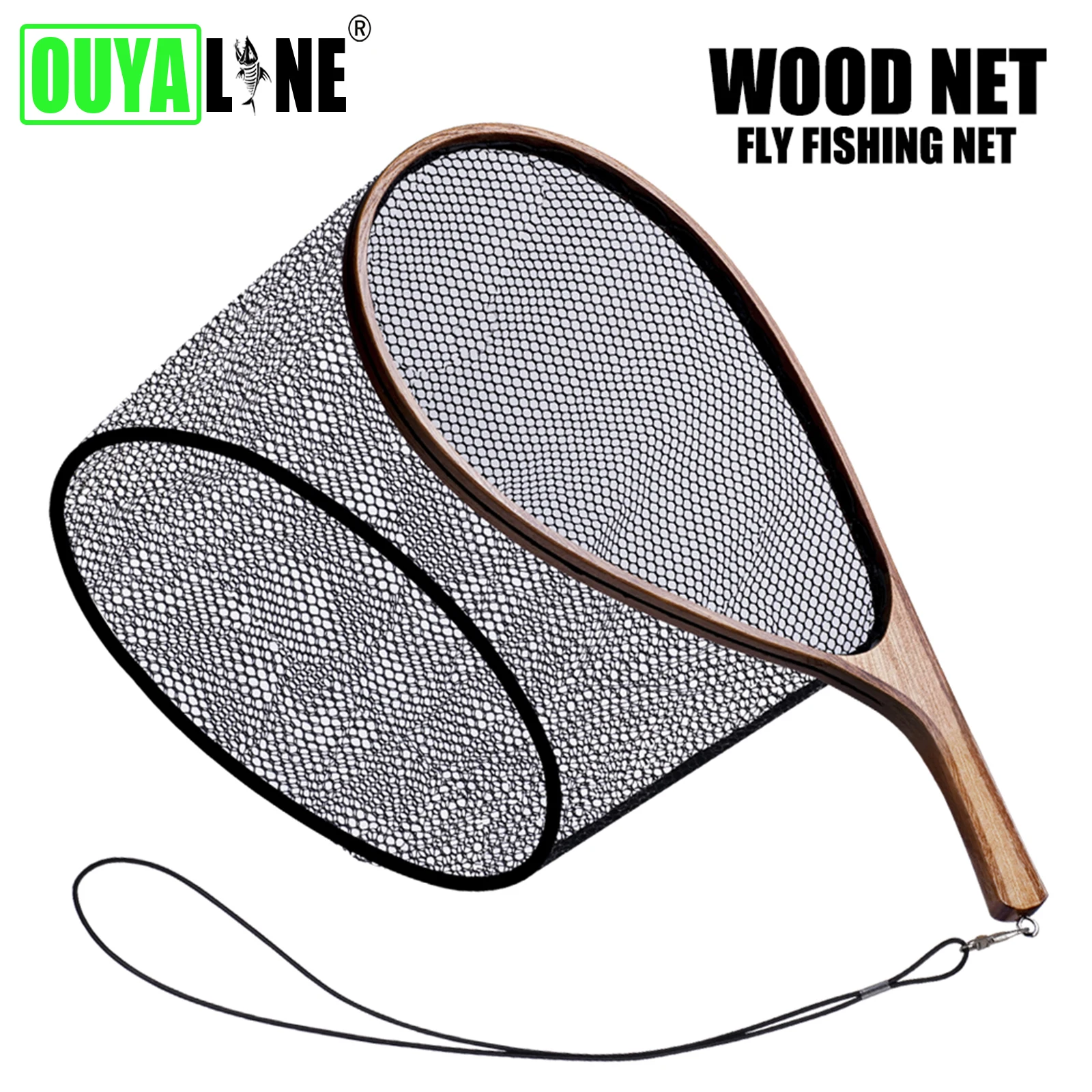 

OUYALINE Fishing Net Rubber Coating Wooden Handle Large Fly Fishing Tackle Trout Landing Net Bass Pike Tools Catch and Release