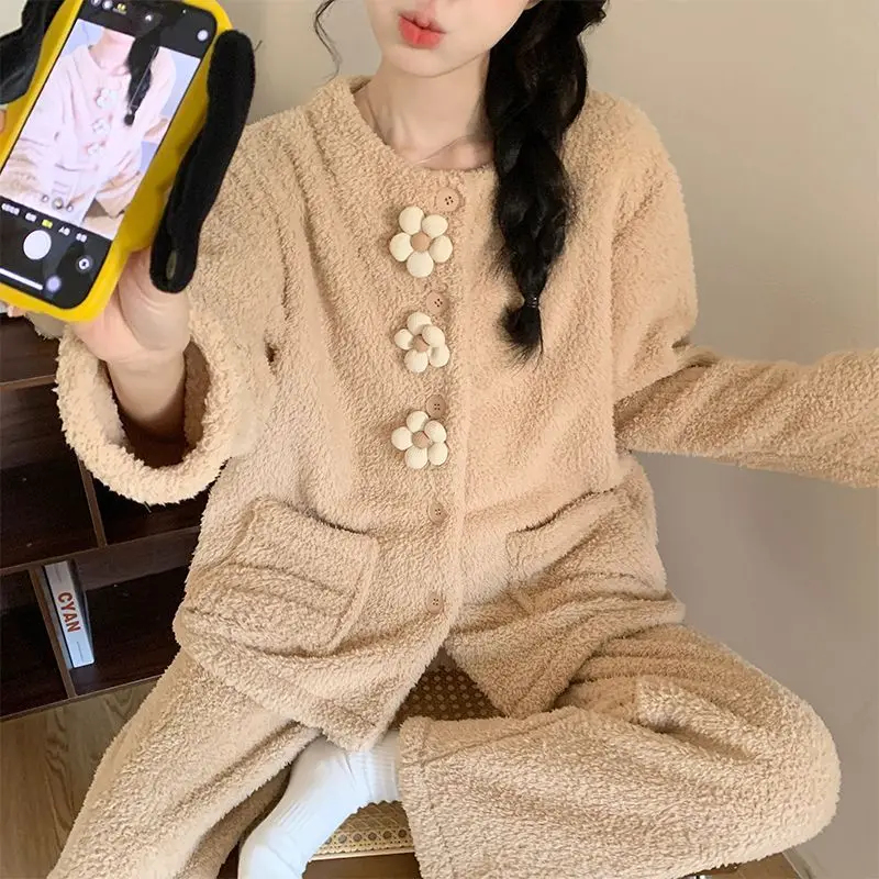 

Korean Style Women's Half-Pile Pajamas Set Girl's Sleepwear Sweet Coral Fleece Thickened Warm Homewear Homeclothes Autumn Winter
