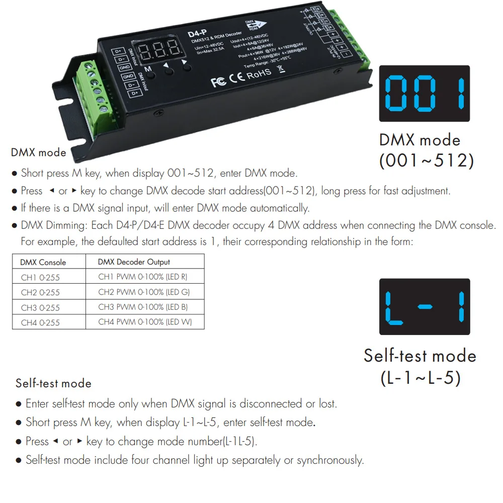 Decoder DMX a 4 canali con Display digitale RDM DMX512 Dimmer Driver PWM RGBW Controller LED per ingresso striscia luminosa RGBW 12V-48VDC