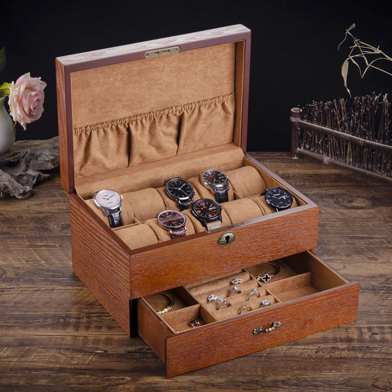 Solid Wood Watch Box with Lock Ring Bracelet Glasses Watch Boxes Organizer Jewelry Wrist Watches Display Collection Accessories