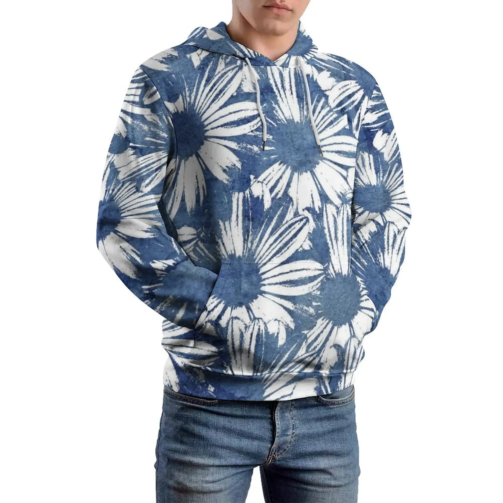 Watercolor Daisies Loose Hoodies Abstract Floral Design Street Wear Hoodie Men Long-Sleeve Retro Hooded Sweatshirts Plus Size