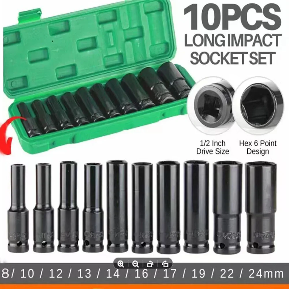 

Drive 6-Point Impact Socket Set 10-Piece Metric Carbon Steel with Hard Storage Box Square Hex Socket Sizes 8-24mm 1/2Inch