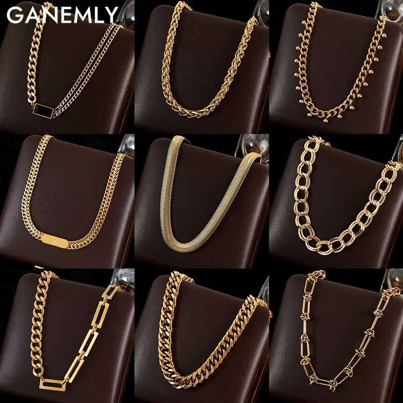 GANEMLY 316L Stainless Steel Geometric Gold Color Chains Necklace For Women Fashion Thick Neck Chain Waterproof Jewelry Gift