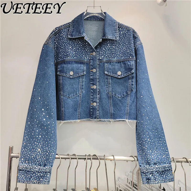 

Heavy Embroidery Hot Drilling Single-Breasted Blue Denim Short Coat Spring Autumn New Loose Cropped Jean Jackets for Women