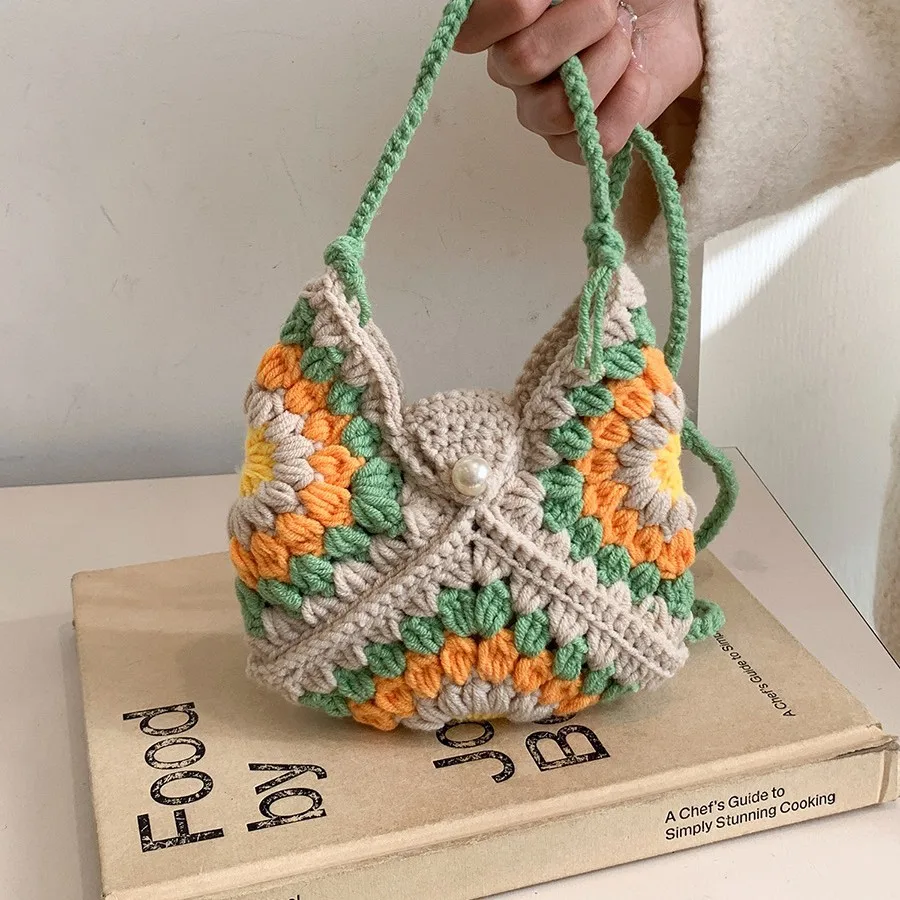 New Womens Handmade Crochet Square Mini Tote Bag Color Block Pearl Button Drawstring Handbag for Women Girls
