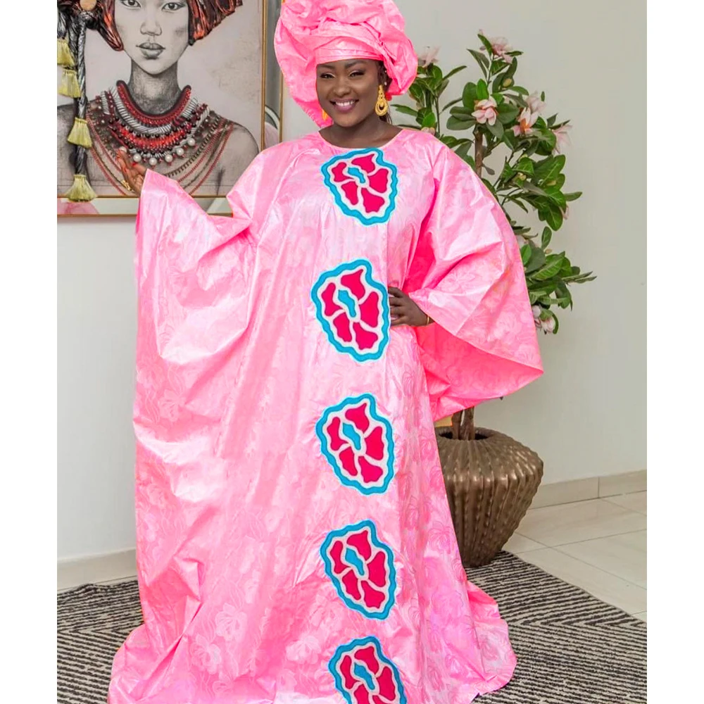 

Pink Bazin Riche Long Dresses With Scarf Boubou Lace Clothing Shiny Women African Bazin Dashiki Robe Daily Party Clothing