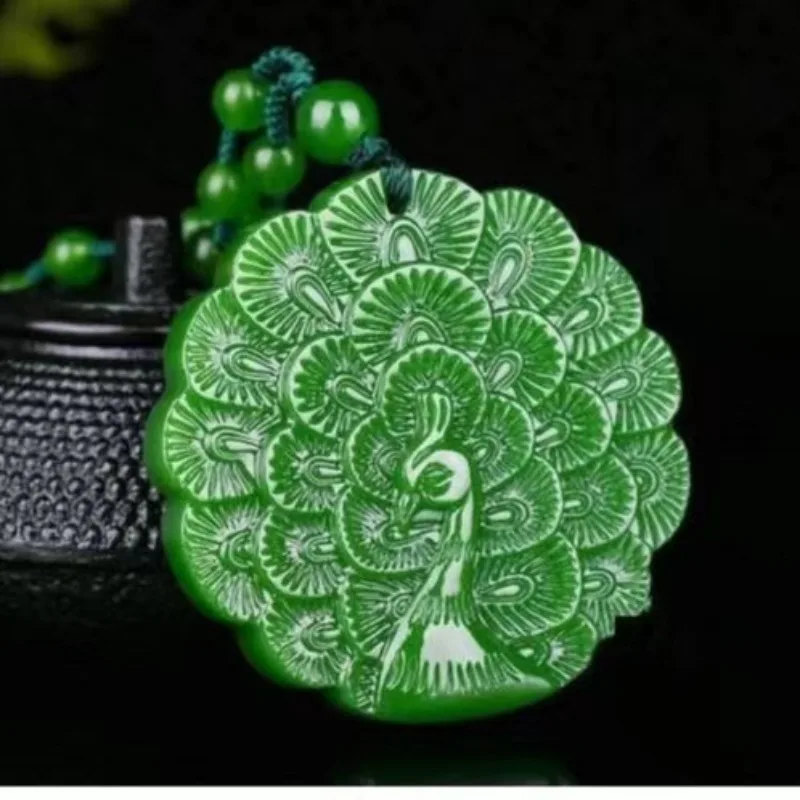 Natural Green Hand-carved Peacock Jade Pendant Fashion Boutique Jewelry Men and Women Peacock Open Screen Necklace