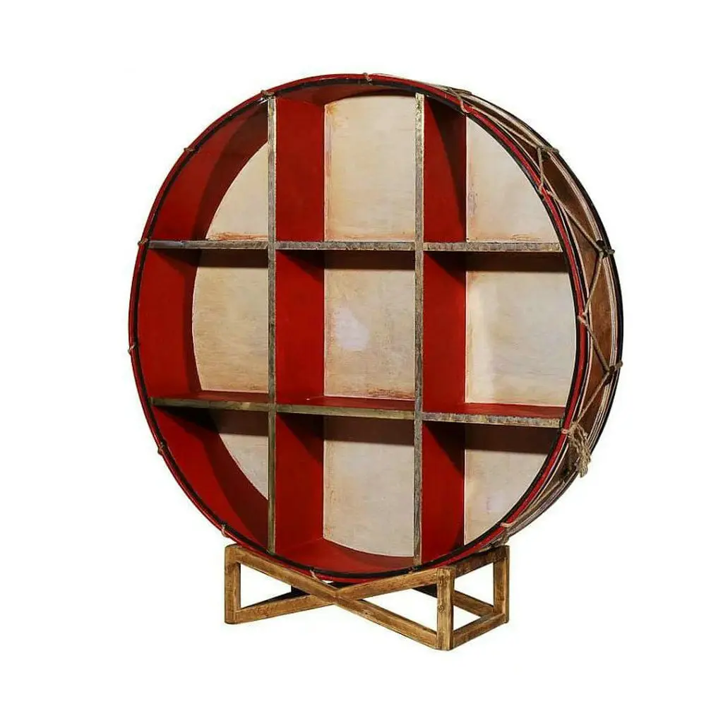 #Traditional Antique Solid Wood Regiment Drum Bookcases with Stand Corner Rustic Hand-painted Brass Bookshelf for Home Office