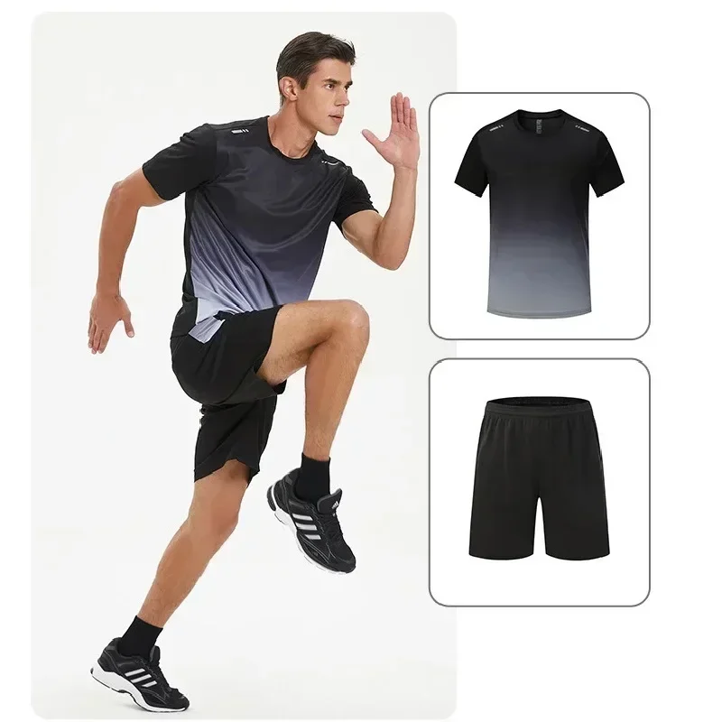 2025 Estate Nuovo Abbigliamento Fitness Seta del Ghiaccio Asciugatura Velocità T-shirt Set Manica Corta da Uomo Abbigliamento Sportivo da Corsa Palestra Set di Allenamento