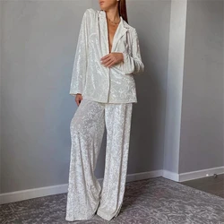 Clothland Women Elegant Velour Suit Long Sleeve Shirt Wide Leg Long Trousers Casual Fashion Two Piece Set Mujer TA022