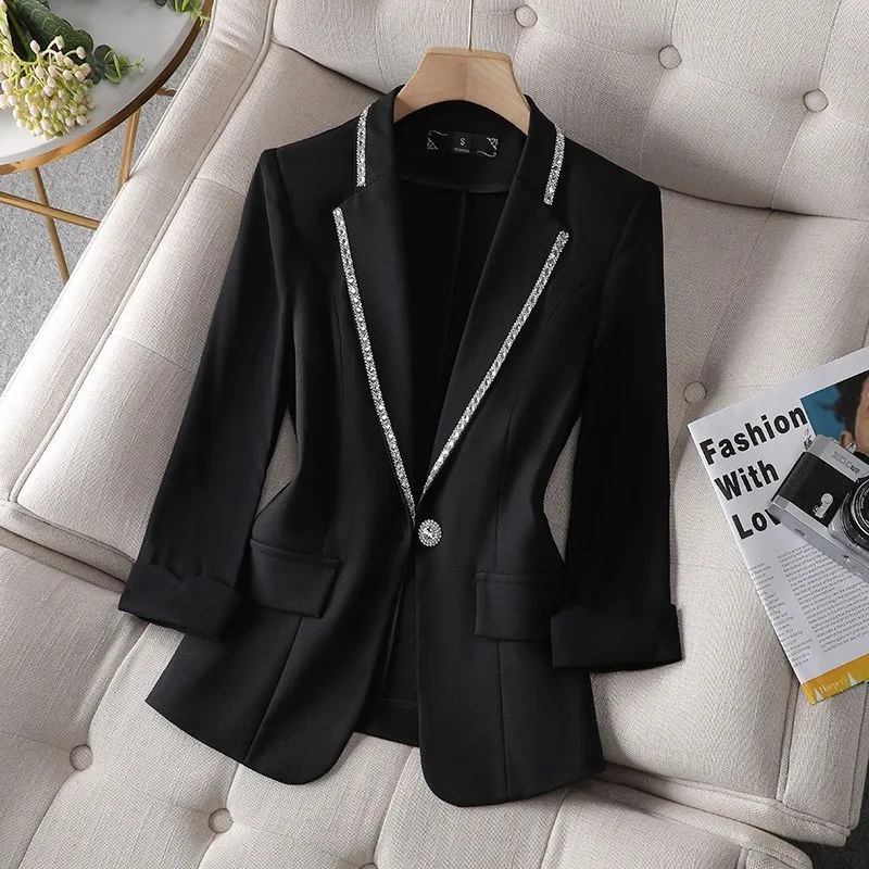 Women's 2026 Spring/Summer New Black Suit Jacket Women Fashion Rhinestone Lapels Three-quarter Sleeve Small Coat Design Tops
