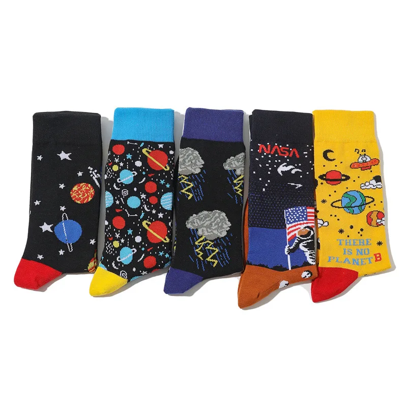 Galaxy USA Flag Astronaut Cotton Crew Solar Socks Black Dark Clouds Cosmos Universe Planet Astro Moon Star Celestial Milky Way