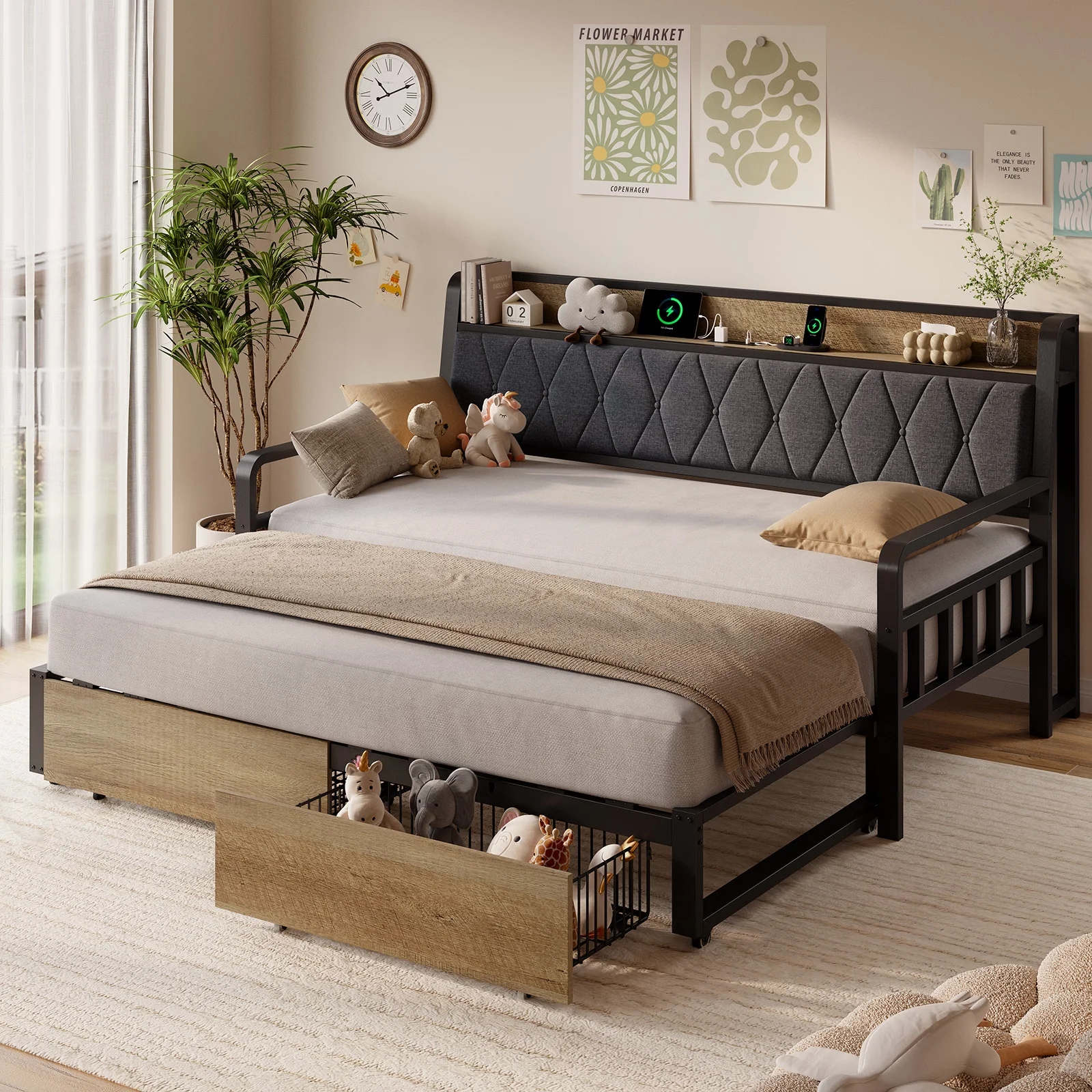 Twin to King Daybed with Trundle, Metal Twin Daybed with Pop up Trundle, Sturdy Twin Day Bed Frame with Storage Drawers, Upholstered Headboard with Charging Station for Living Room & Guest Room, Black / White