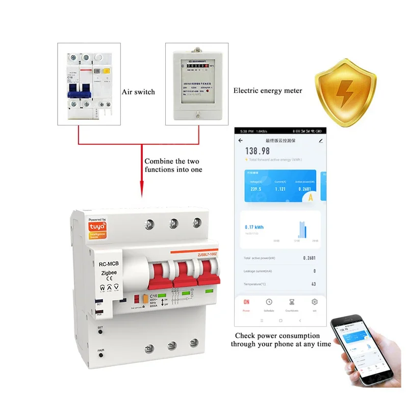 Tuya Zigbee Circuit Breaker 3P Zigbee Switch Overload Short Circuit Protection Power Consumption Smart RC-MCB Alexa Compatible