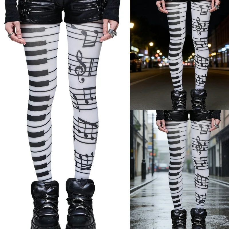 Women Harajuku Grunge Piano Tights Stockings Musical Note Print Asymmetrical Pattern Opaque Pantyhose Students Hosiery