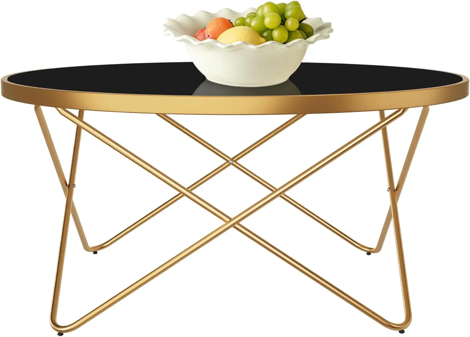 Modern Round Glass Coffee Table with Gold Cross Metal Frame,32