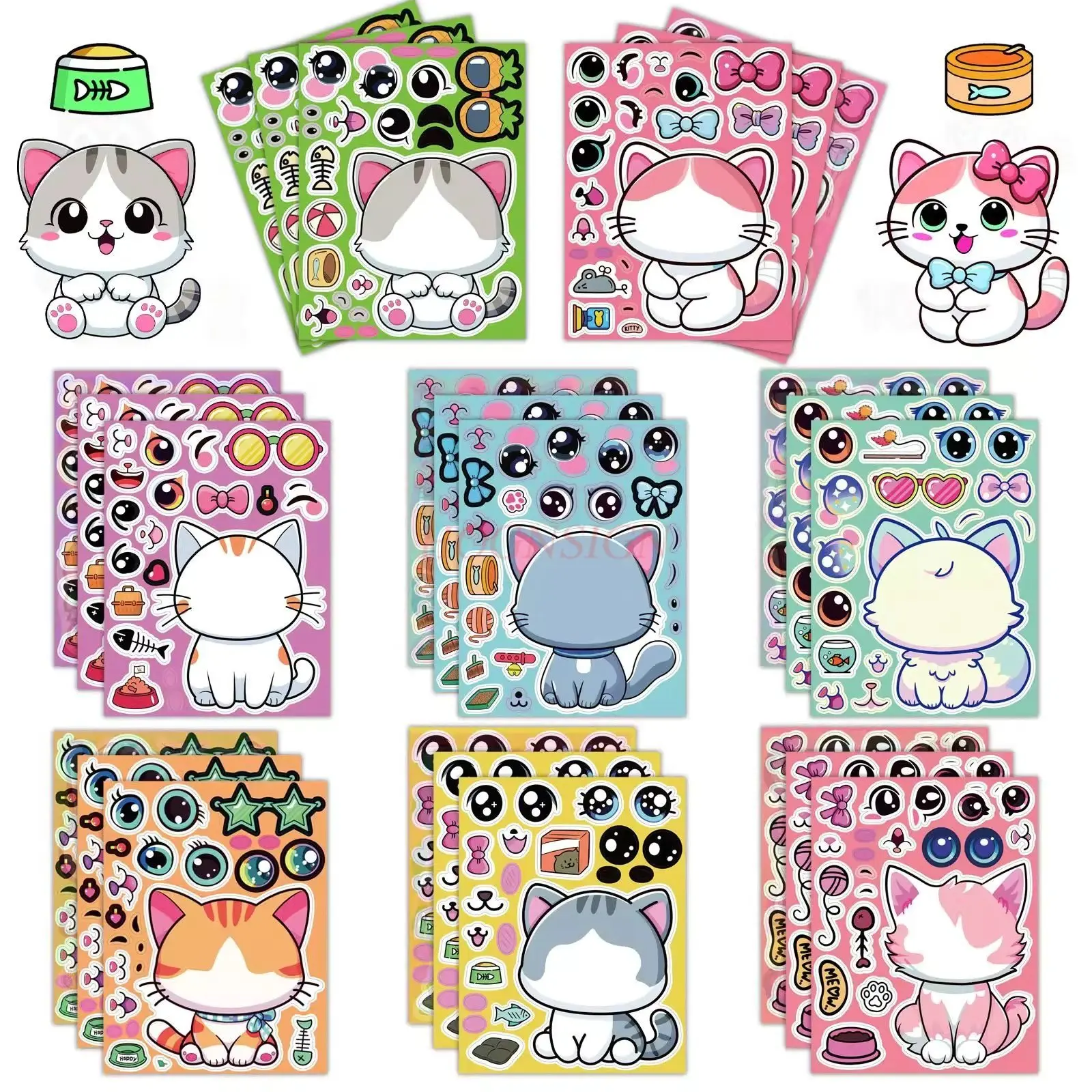 2box Cute little cat animal puzzle stickers, children's cartoon fun face changing puzzle account decoration