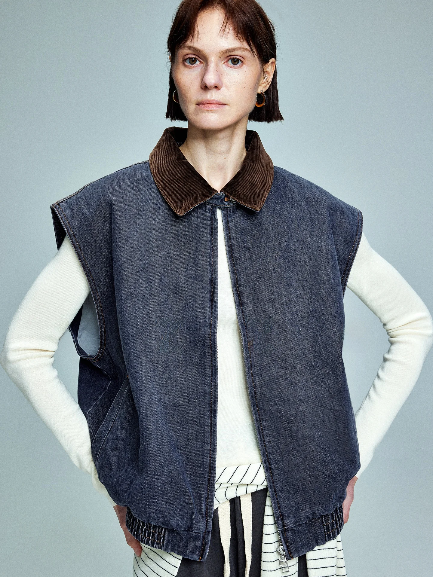 

Женский жилет UZZO из американского денима и плотного вельвета с воротником, цветными вставками, из смесового хлопка и лиоцелла, теплая верхняя одежда